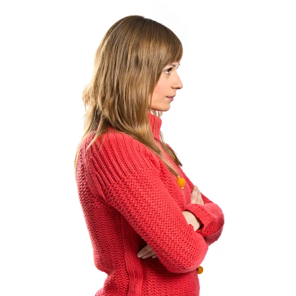 Young women with hers arms crossed over white background — Stock Photo, Image