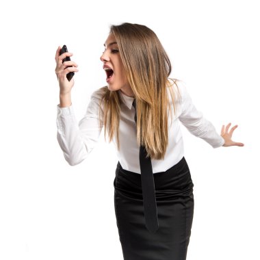 telefon için izole arka plan üzerinde konuşurken kız.