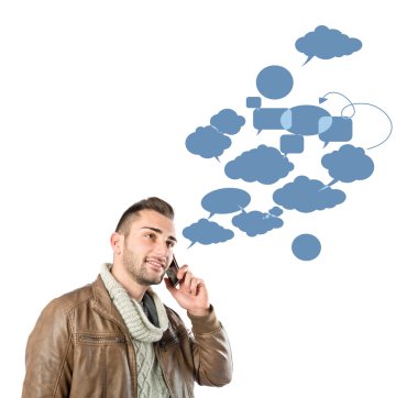 cep telefonunuza izole konuşmayı adam arka plan beyaz.