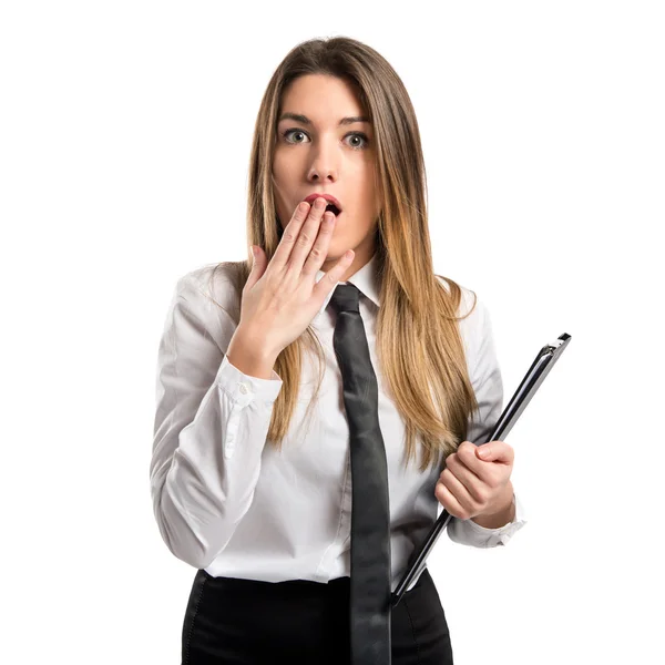 Young businesswoman doing surprise gesture over white background — Stock Photo, Image