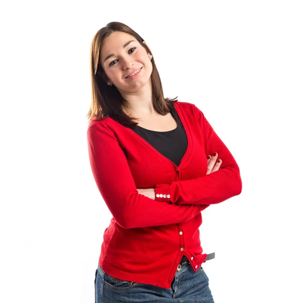 Young woman with hers arms crossed over white background — Stock Photo, Image