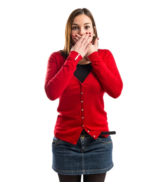 Woman with her mouth closed by her hands — Stock Photo, Image