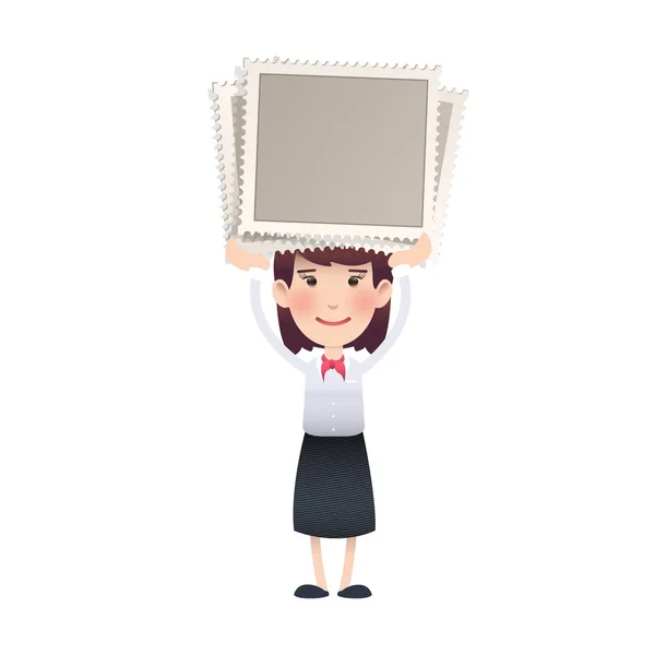 Geschäftsfrau hält Briefmarke über weißem Hintergrund — Stockvektor