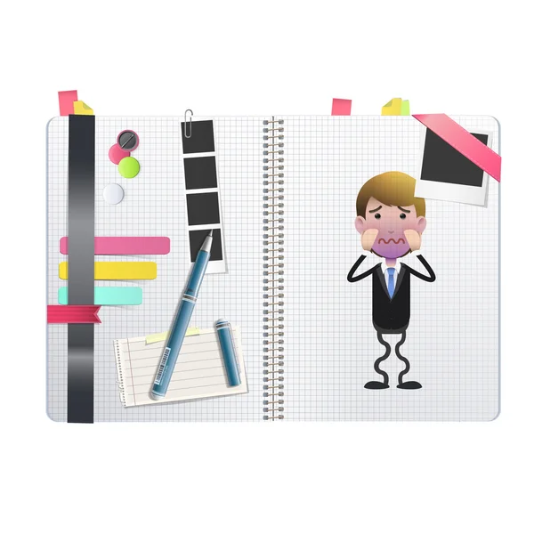 Triste hombre de negocios impreso en cuaderno sobre fondo blanco . — Vector de stock