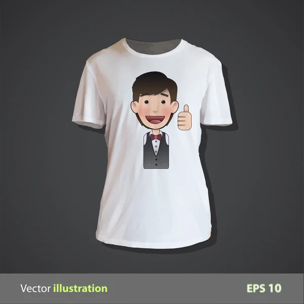 Gelukkig mens met zijn duim omhoog gedrukt op wit overhemd. vector ontwerp — Stockvector