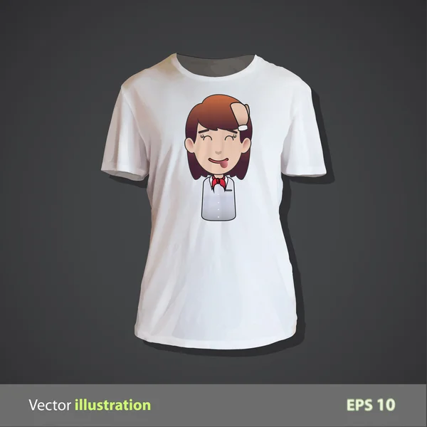 Trapně rusovláska dívka drží vytištěn na košili. Vektorová design. — Stockový vektor
