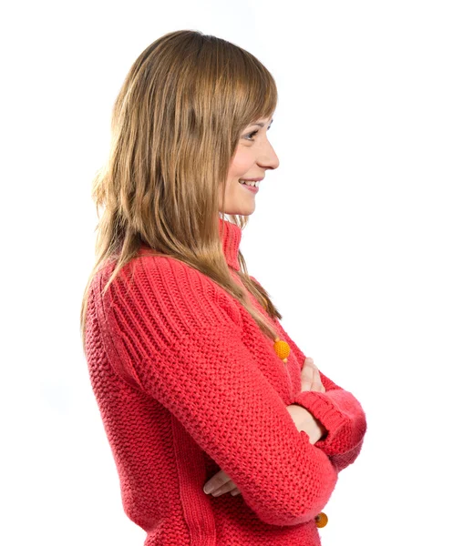 Young women with hers arms crossed over white background — Stock Photo, Image