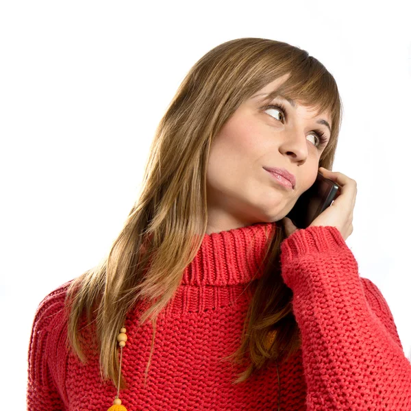 Young girl talking on mobile over white background — Stock Photo, Image