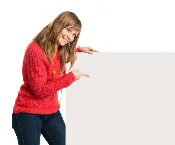 Menina loira jovem segurando cartaz — Fotografia de Stock