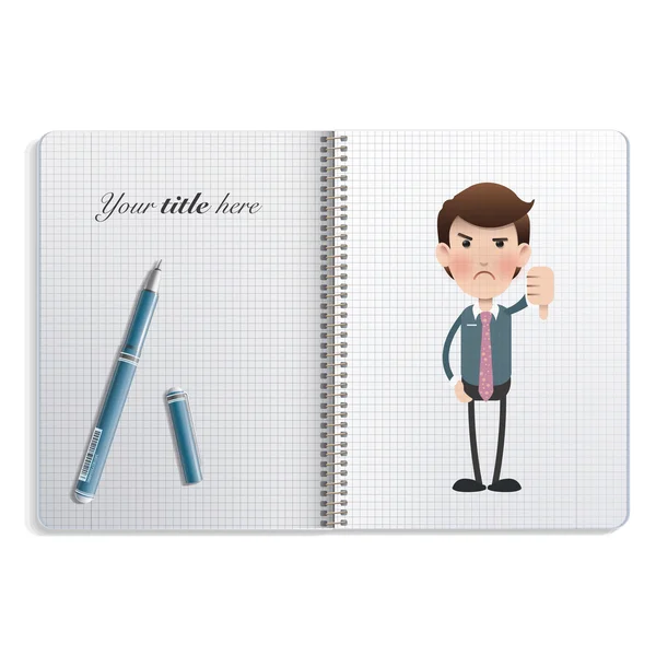 Boldogtalan üzletember felett notebook nyomtatni. Vector design — Stock Vector