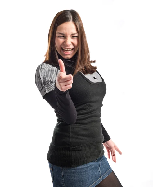 Pretty woman pointing over white background — Stock Photo, Image