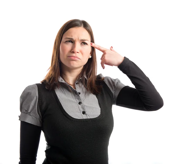 Affärskvinna gör en galen gest över vit bakgrund — Stockfoto
