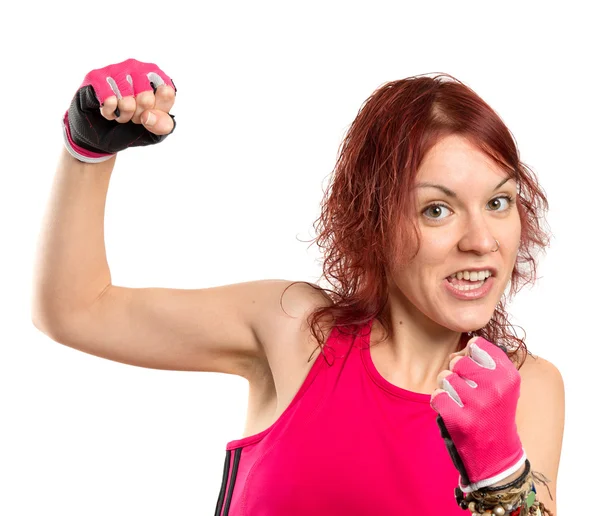 Cute young girl doing boxing over white background. — Stock Photo, Image