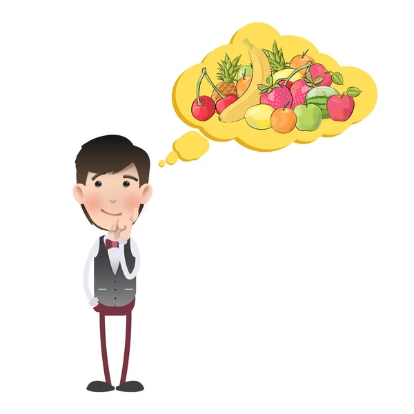 Hombre de negocios pensando en frutas sobre fondo blanco, diseño vectorial — Archivo Imágenes Vectoriales