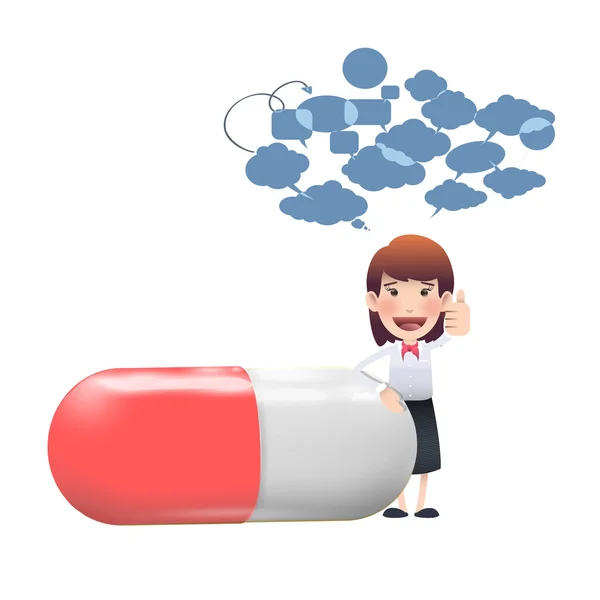 Femme d'affaires avec une pilule sur fond blanc — Image vectorielle