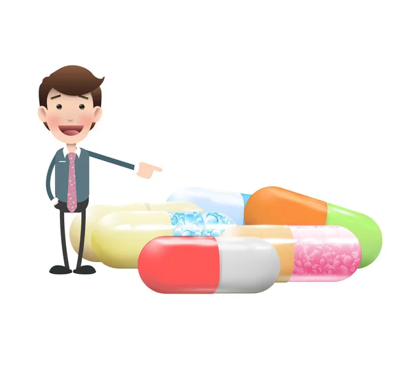 Businessman pointing several pills over white background — Stock Vector