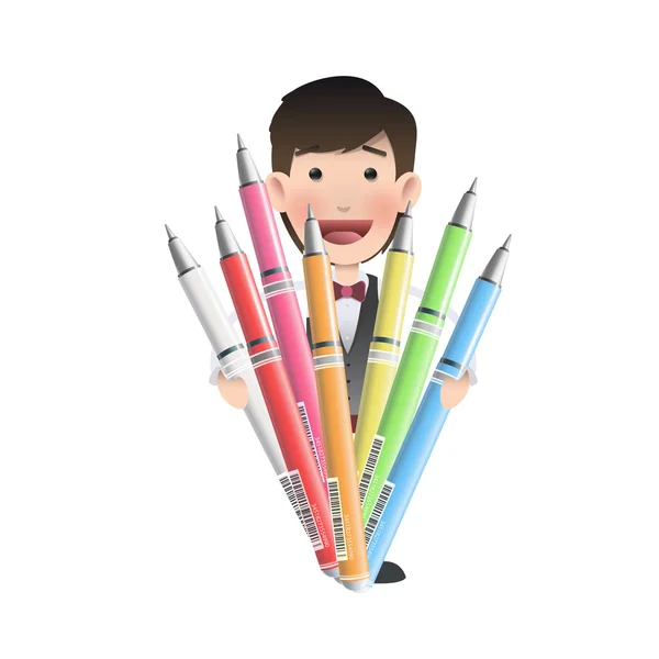Affärsman innehar flera pennor över vit bakgrund. vektor design — Stock vektor