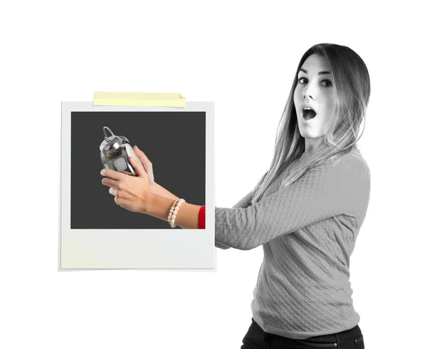 Young girl holding an antique clock inside photo frame — Stock Photo, Image