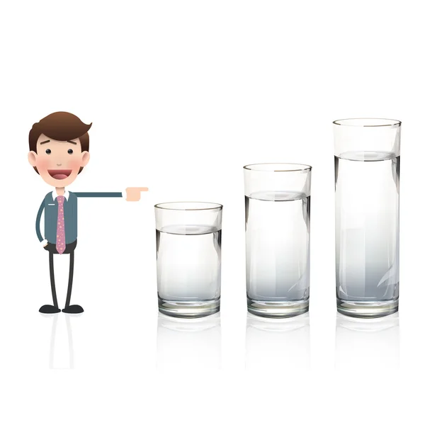 Geschäftsmann zeigt auf Wasserglas vor weißem Hintergrund. Vektordesign. — Stockvektor