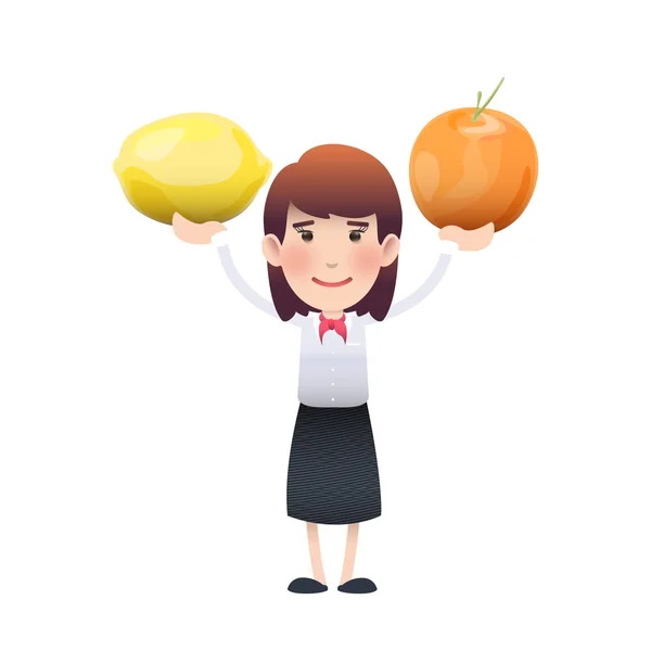 Mulher de negócios segurando frutas sobre fundo branco. Projeto vetorial . — Vetor de Stock