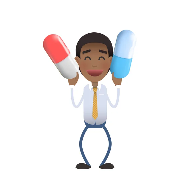 Homme d'affaires tenant des pilules sur fond blanc. Conception vectorielle . — Image vectorielle