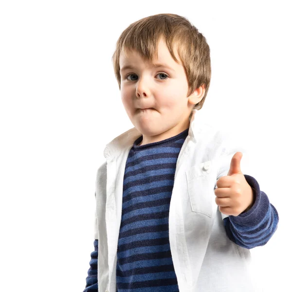 Boys making a victory sign on wooden chair over white background — Stockfoto