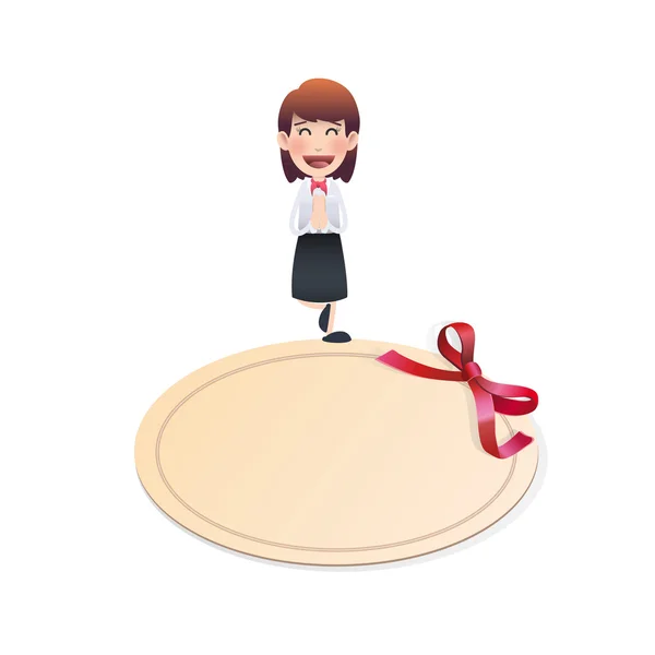 Бизнес-девушка с пригласительной карточкой на белом фоне — стоковый вектор