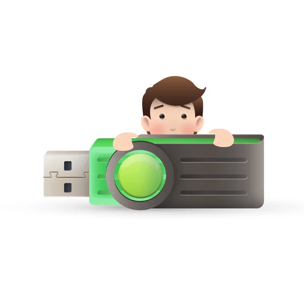 Hombre de negocios con pendrive sobre fondo blanco aislado — Vector de stock