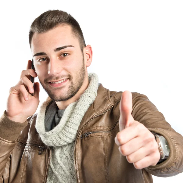 Jovens empresários conversando com celular sobre fundo isolado . — Fotografia de Stock