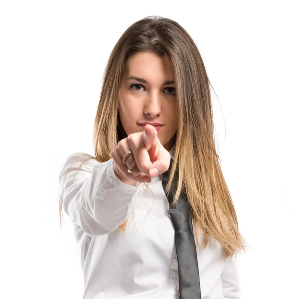 Businesswoman pointing over white background — Stock Photo, Image