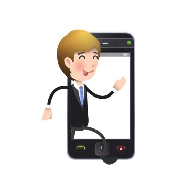 Beyaz arka plan üzerinde gerçekçi telefon ile işadamı