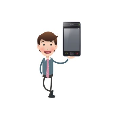 Beyaz arka plan üzerinde gerçekçi telefon ile işadamı