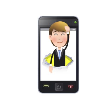 Beyaz arka plan üzerinde gerçekçi telefon ile işadamı