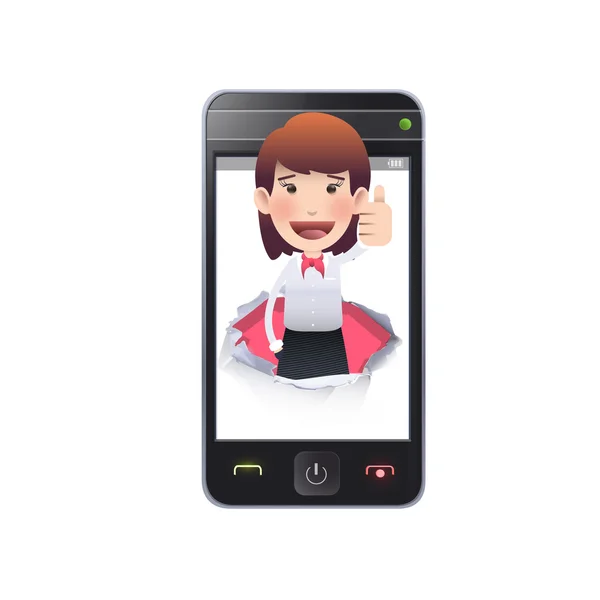 Business woman with realistic phone over white background — Stock Vector