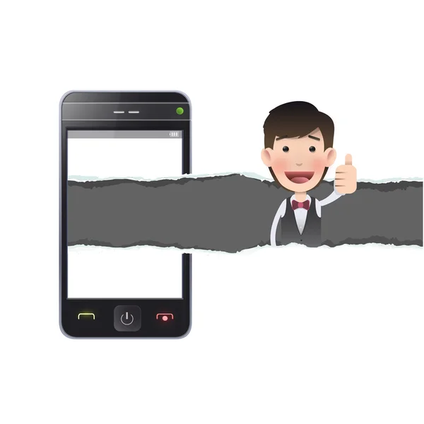 Zakenman met realistische telefoon op witte achtergrond — Stockvector