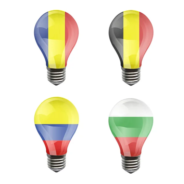 Realistic bulb of Belgium, Romania, Colombia, Bulgaria — Stock Vector