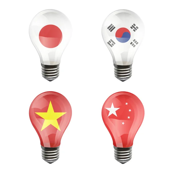 日本、 韩国、 中国、 越南的现实灯泡 — 图库矢量图片