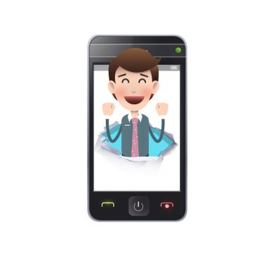 Beyaz arka plan üzerinde gerçekçi telefon ile işadamı