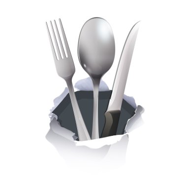 gerçekçi bıçak, çatal ve kaşık beyaz arka plan üzerinde delik kağıt içinde