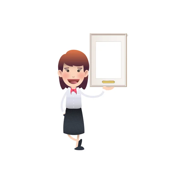 Mujer de negocios con un marco sobre fondo blanco — Vector de stock