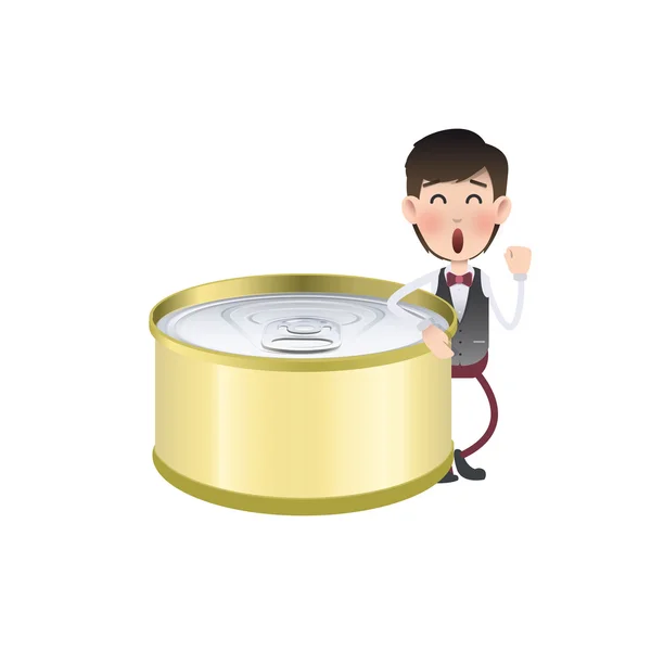 Homme d'affaires avec boîte de thon sur fond blanc — Image vectorielle