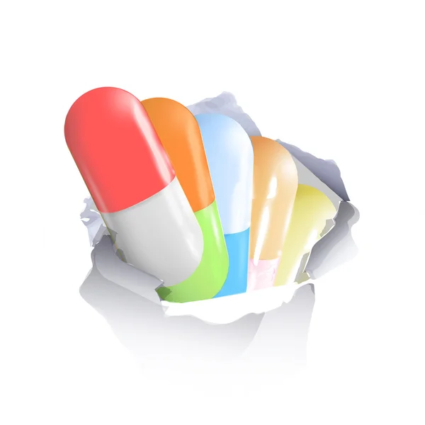 Pillole all'interno buco di carta su sfondo bianco — Vettoriale Stock