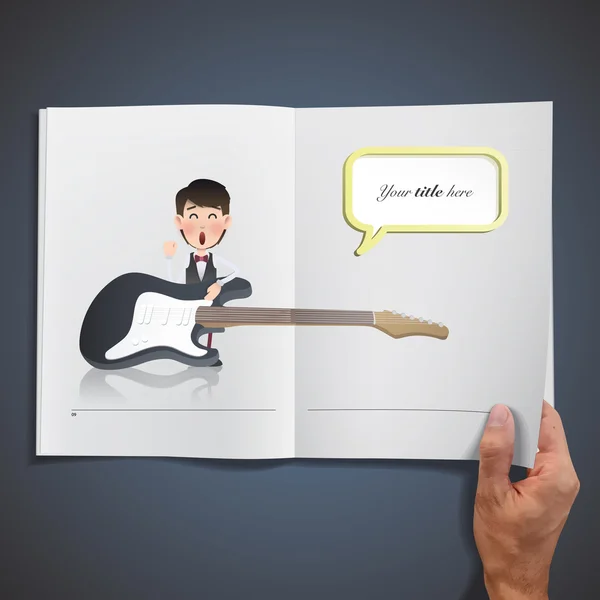 Hombre de negocios con guitarra impresa en libro. Diseño vectorial — Vector de stock