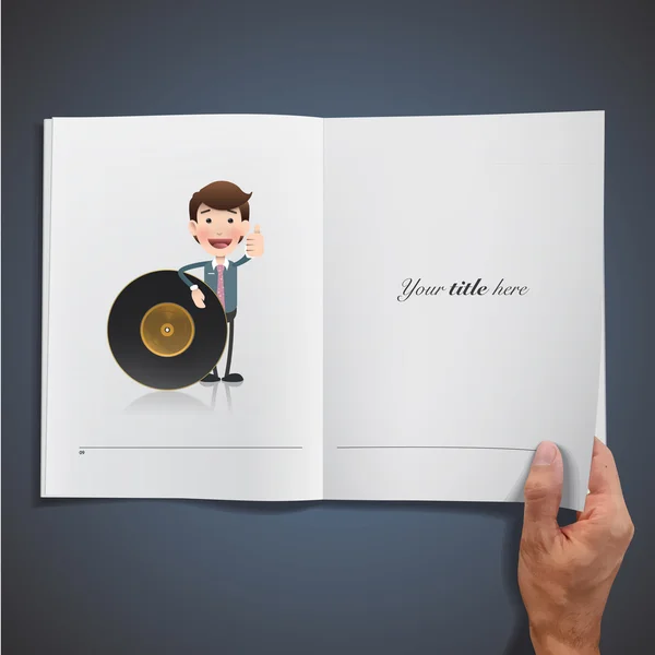 Uomo d'affari con vinile stampato su libro. Design vettoriale — Vettoriale Stock