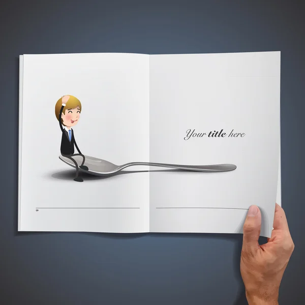 Hombre de negocios con cuchara impresa en libro. Diseño vectorial — Vector de stock