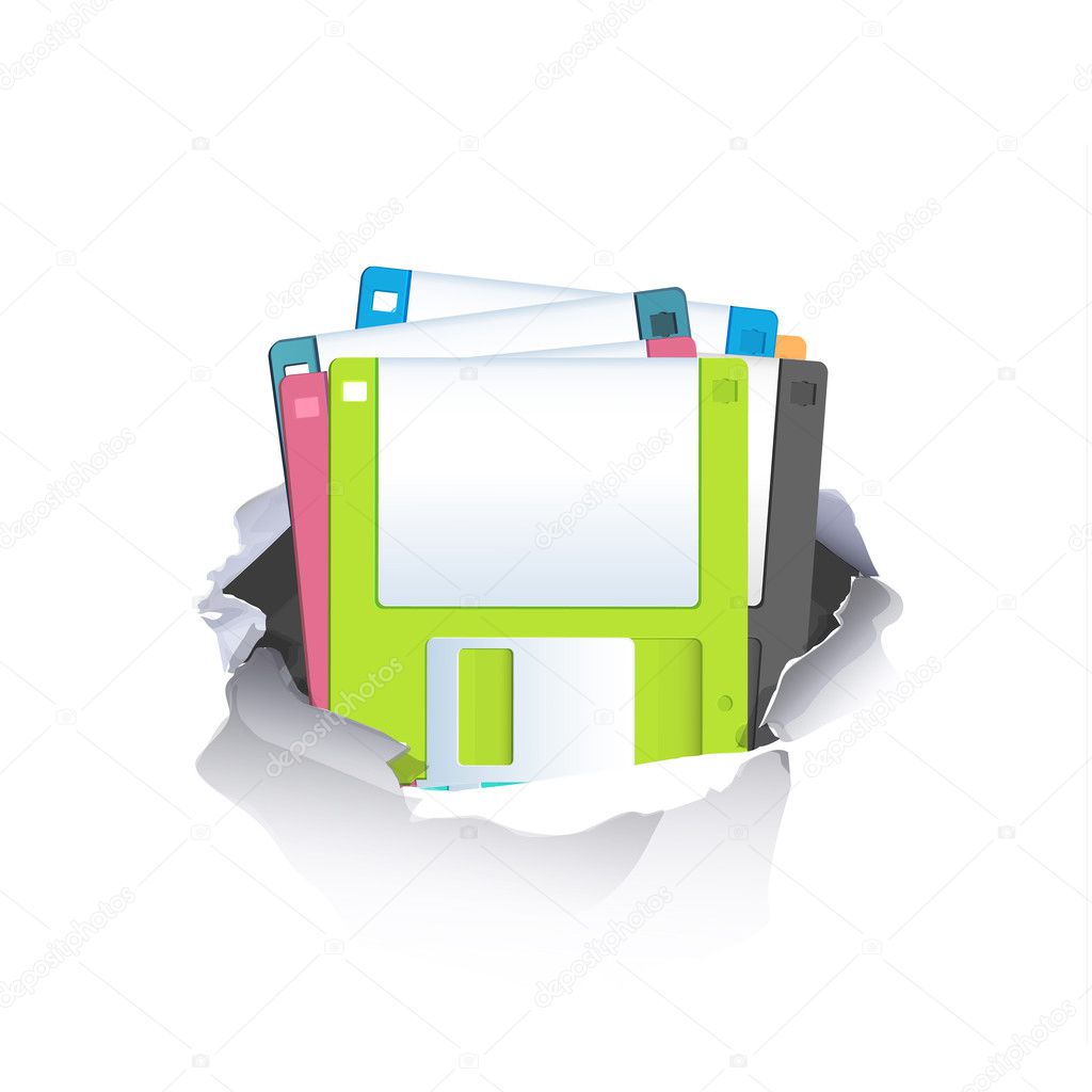 Colorful diskettes inside hole paper over white background