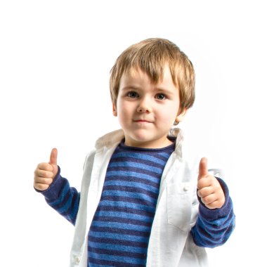Boys making a victory sign on wooden chair over white background