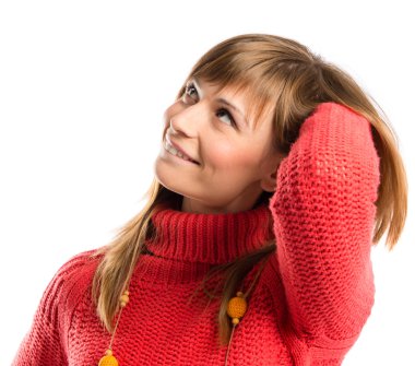 izole beyaz arka plan üzerinde düşünme genç kız 