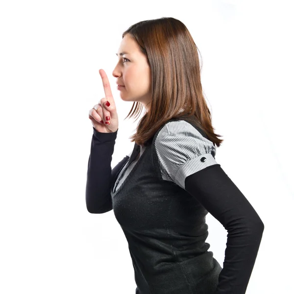 Chica joven haciendo gesto de silencio sobre fondo blanco aislado — Foto de Stock