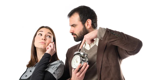 Angry man because his girlfriend talk so much on telephone — Stock Photo, Image